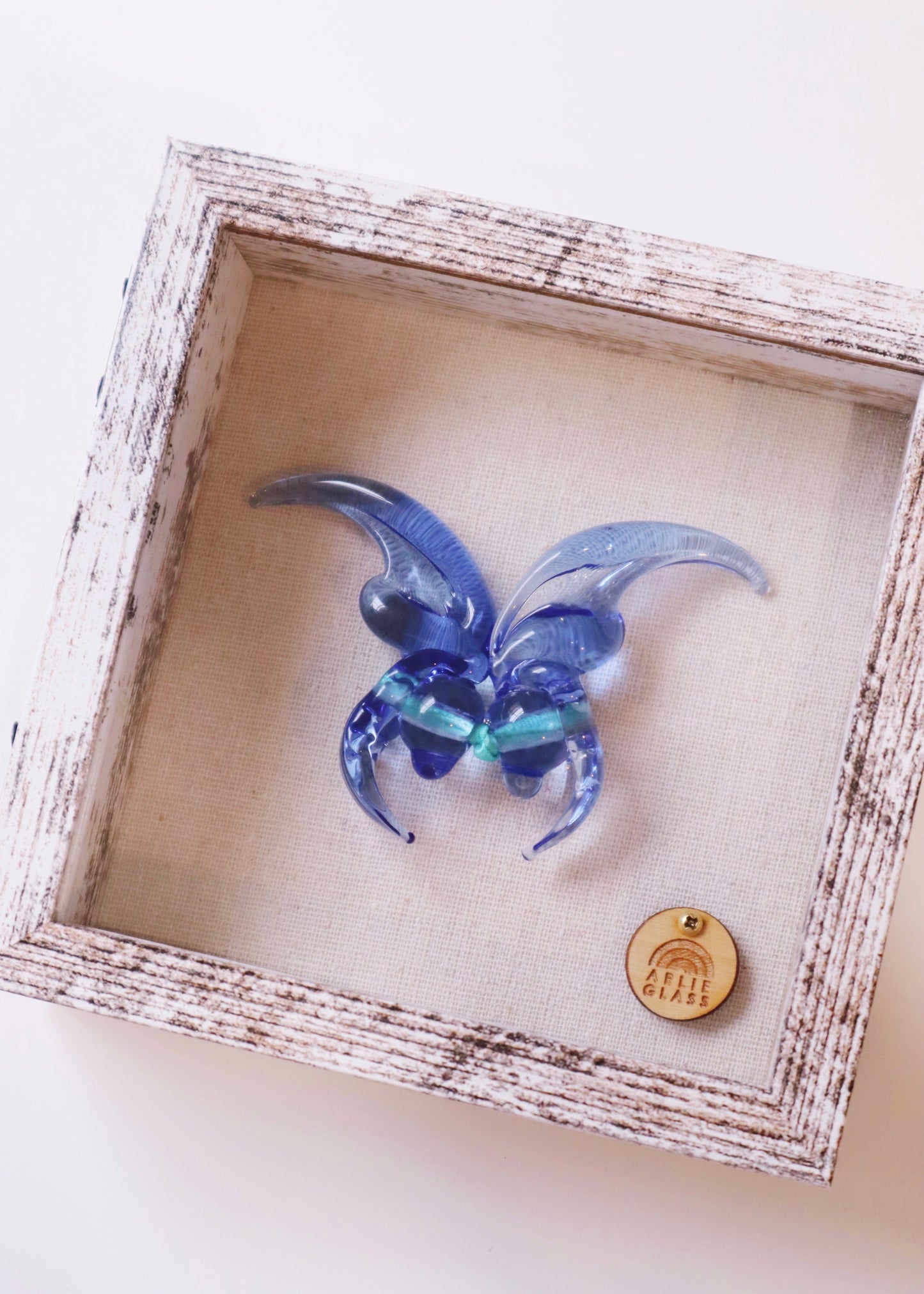 Blue Jade Glass Butterfly in 5.5” x 5.5” Shadowbox No. 1